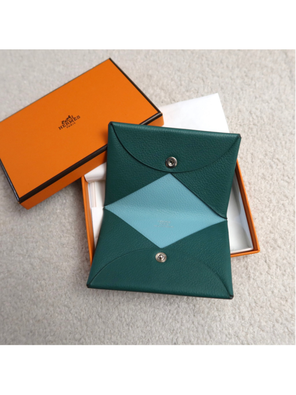 Hermes Calvi Card Case Green Blue EXCELLENT